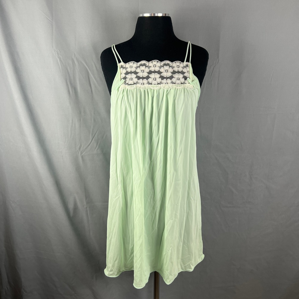 Vintage Miss Elaine Babydoll Nightgown Womens M Green Floral Lace Trim Sleepwear